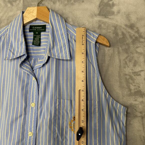 Lauren Ralph Lauren Shirt Womens 14 Blue Striped Sleeveless Button Front Crest - Picture 7 of 8